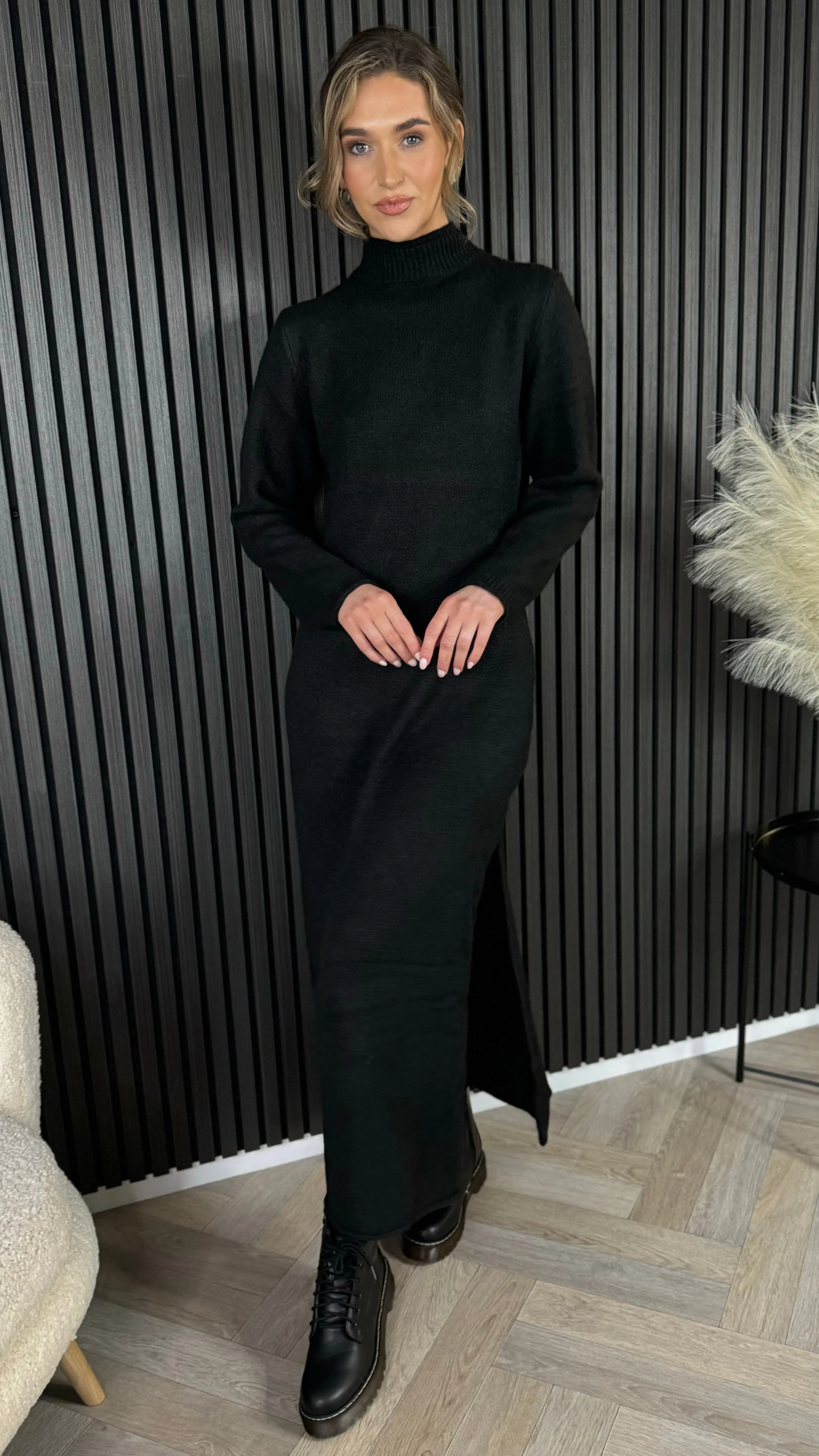 Kelly Black Turtle Neck Knit Jumper Midi Dress