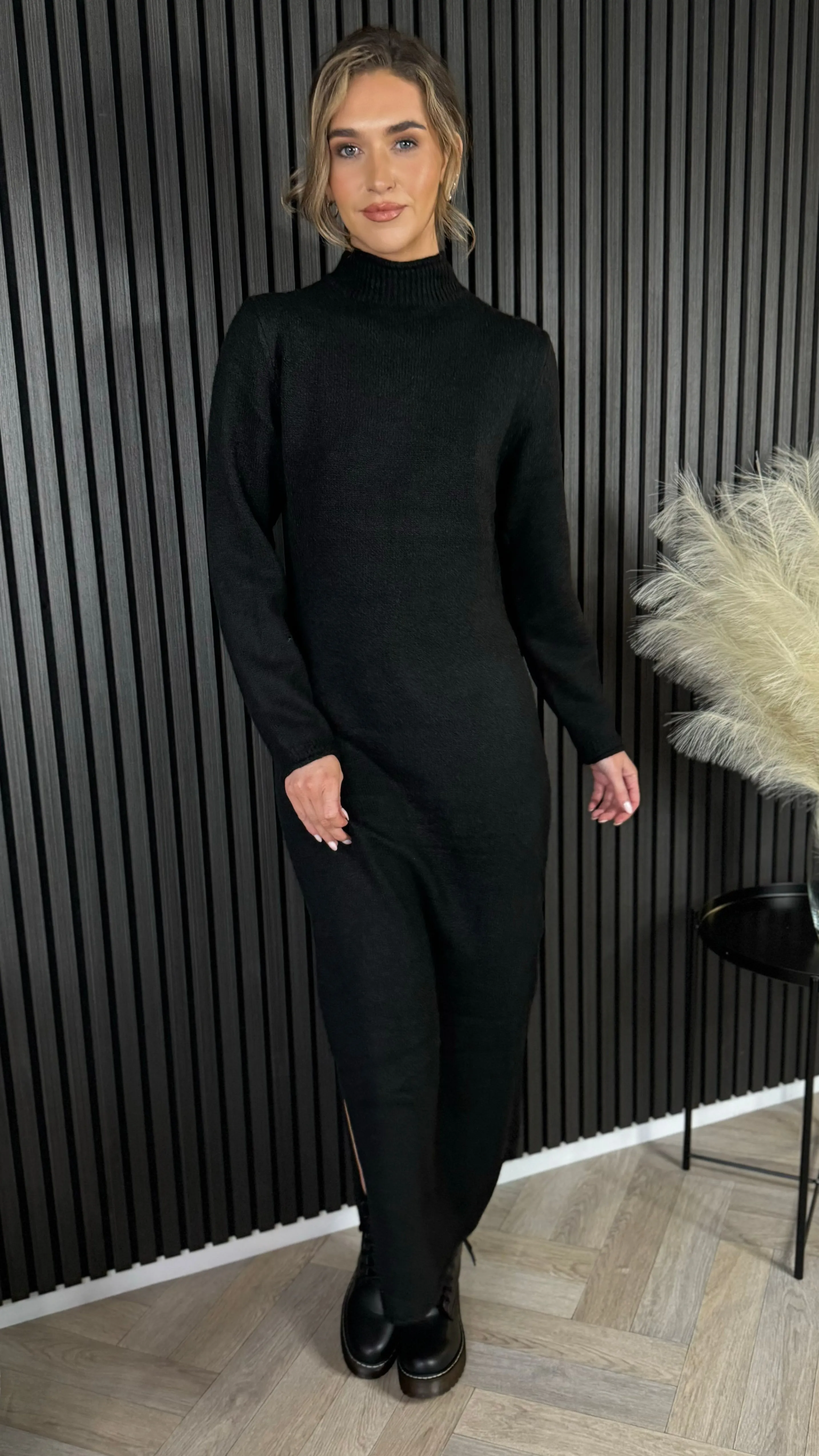 Kelly Black Turtle Neck Knit Jumper Midi Dress