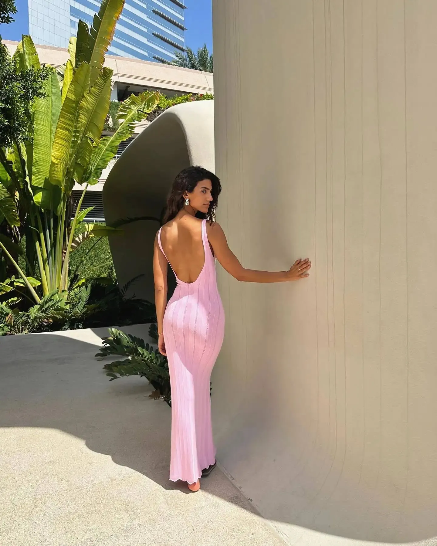 Knit Ribbed Open Back Solid Long Dress