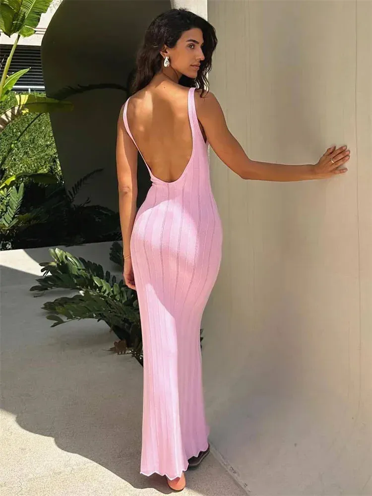 Knit Ribbed Open Back Solid Long Dress