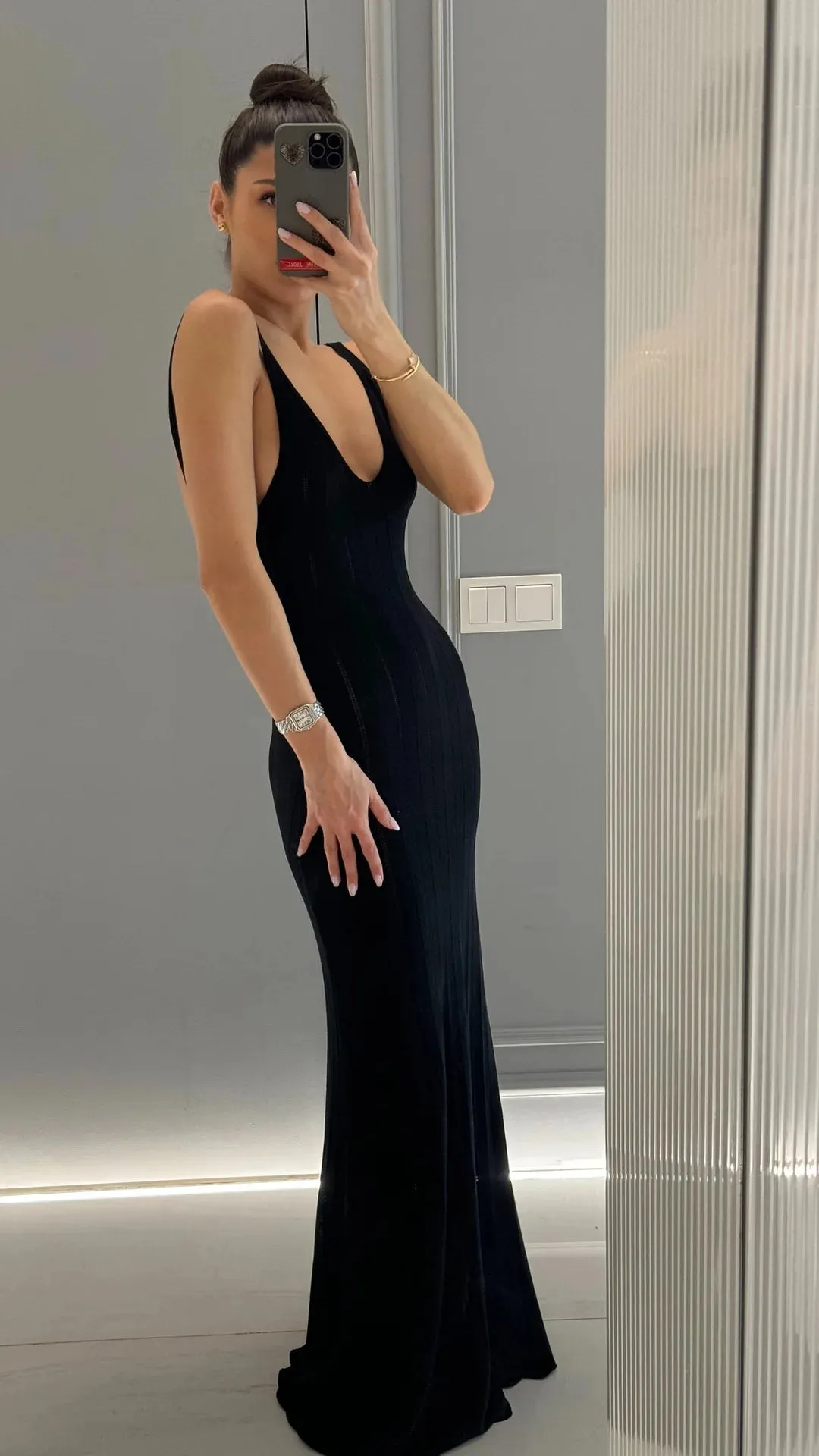 Knit Ribbed Open Back Solid Long Dress