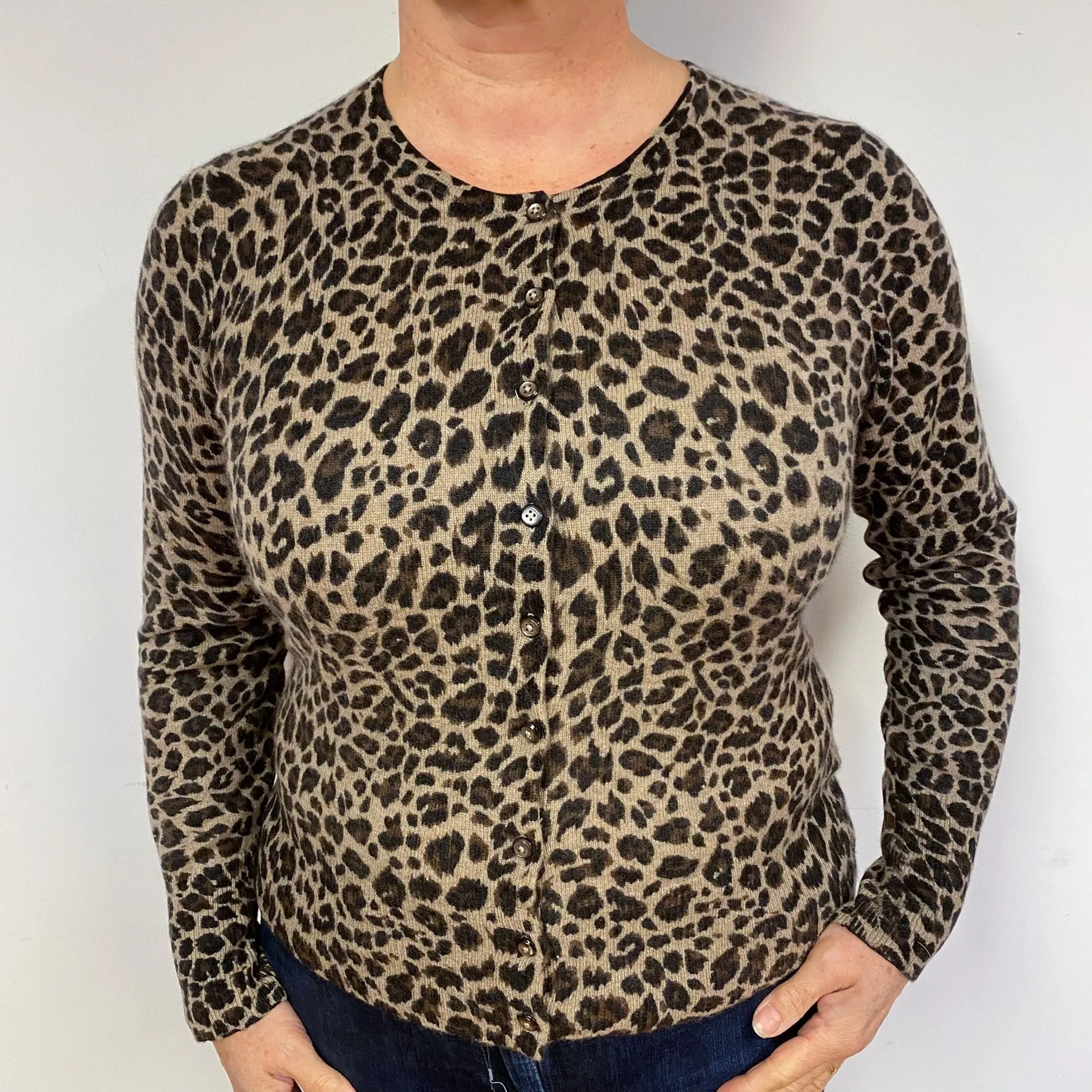 Leopard Print Brown Cashmere Cardigan Large