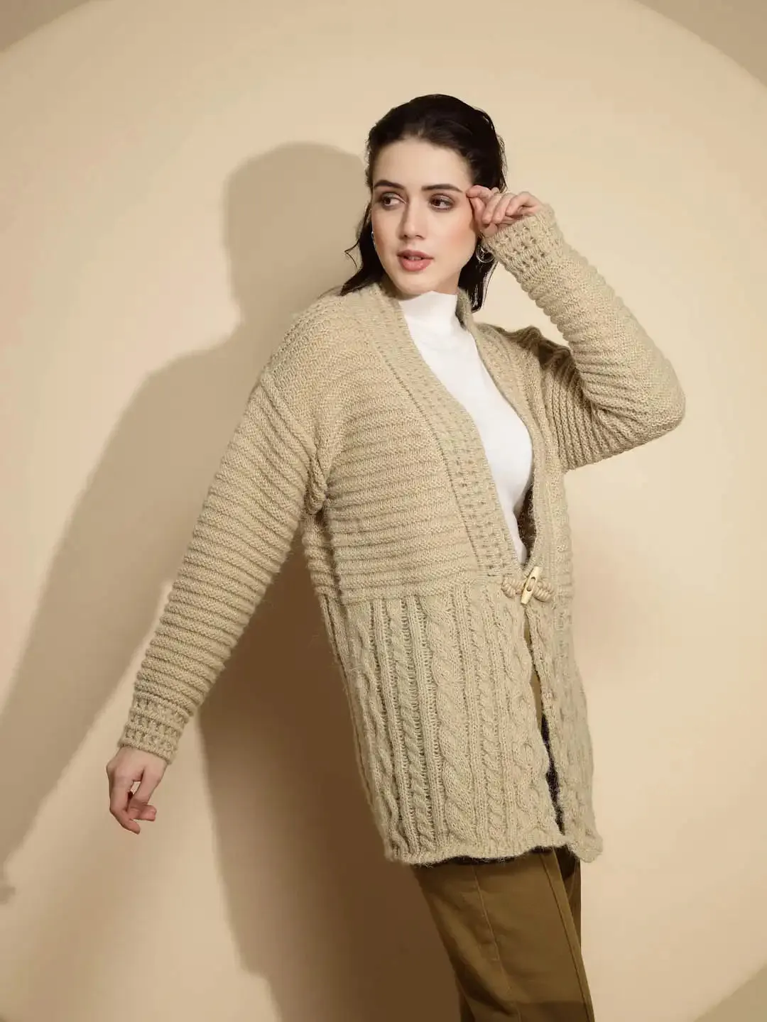 Light Olive Solid Full Sleeve Open Neck Cardigan