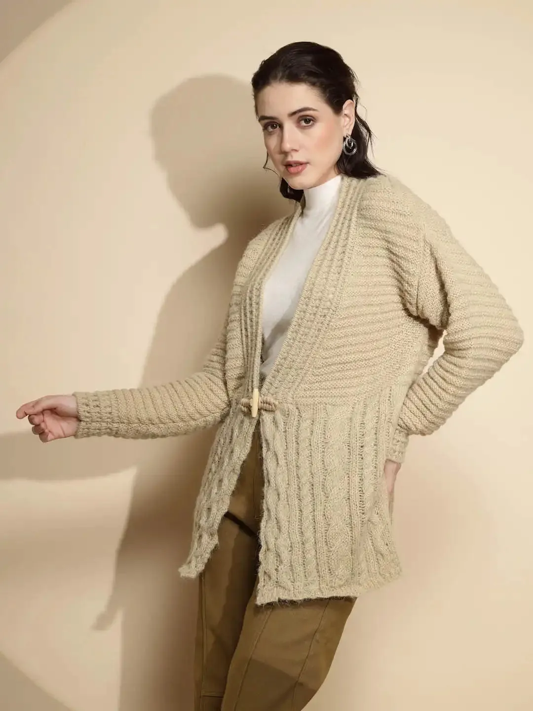 Light Olive Solid Full Sleeve Open Neck Cardigan