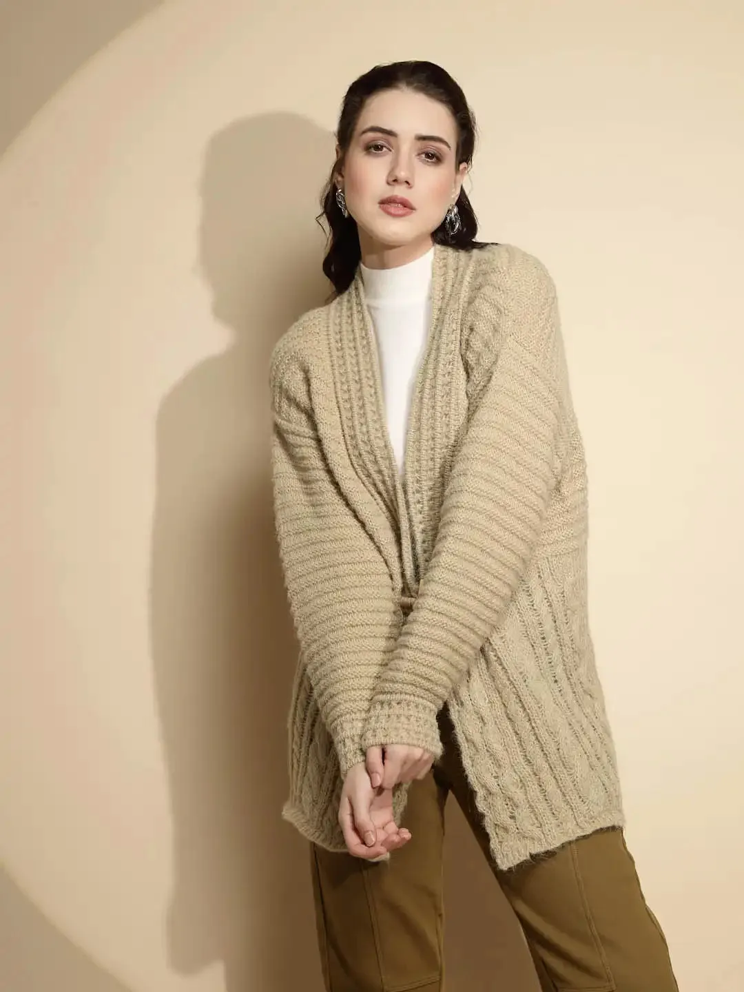 Light Olive Solid Full Sleeve Open Neck Cardigan