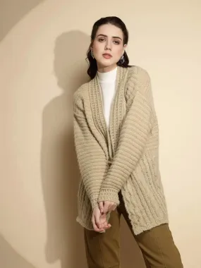 Light Olive Solid Full Sleeve Open Neck Cardigan