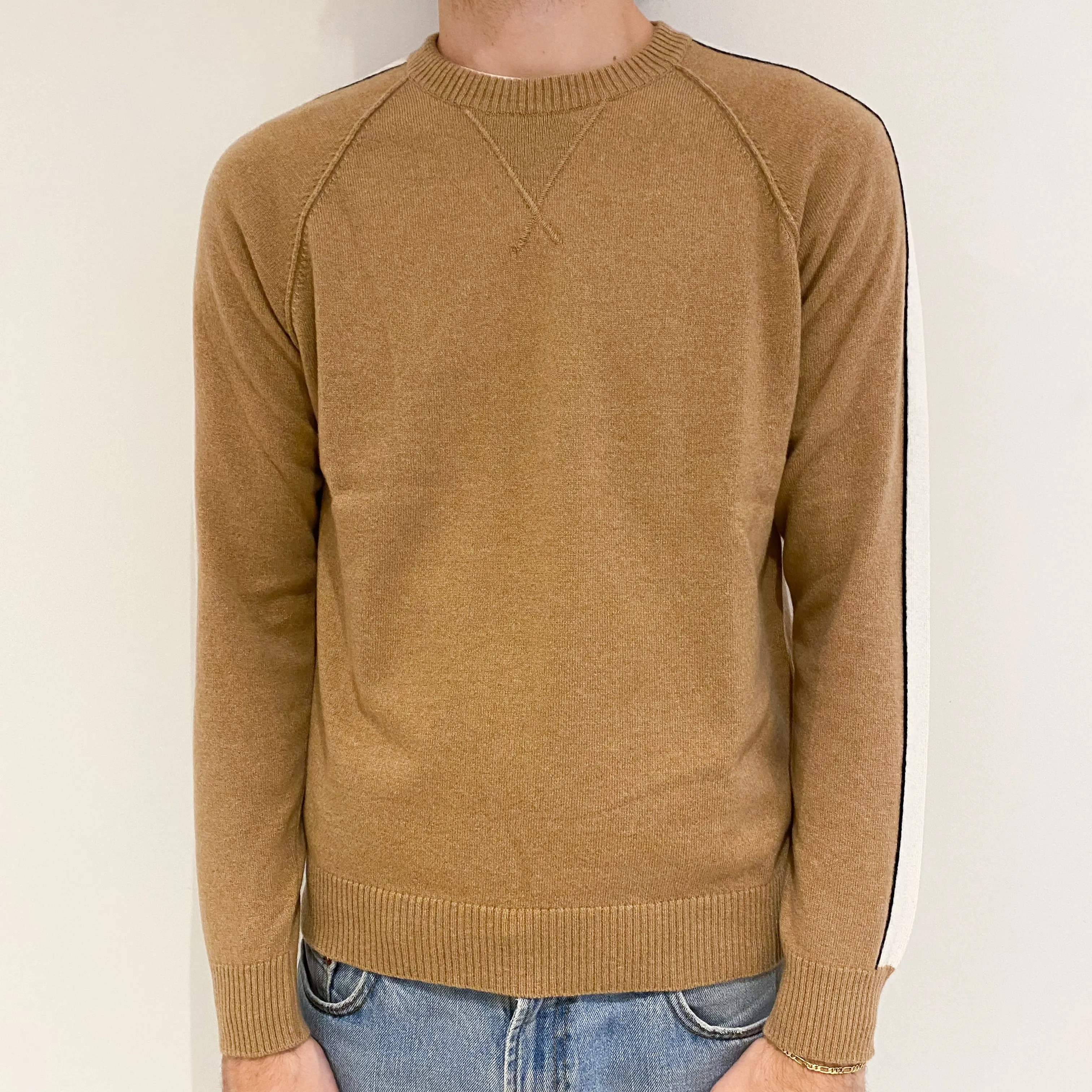 Men’s Brand New Scottish Camel Brown Stripe Crew Neck Jumper Medium