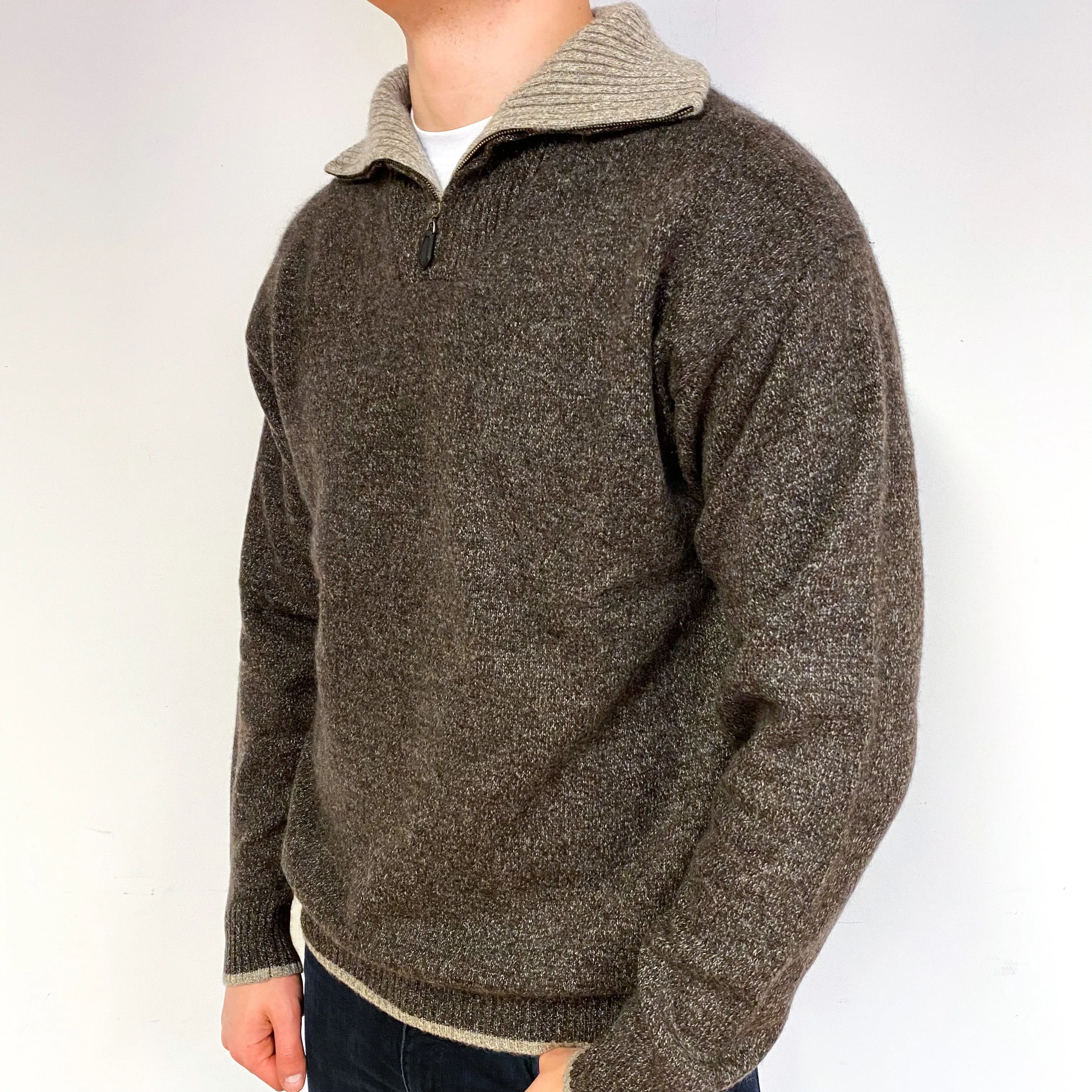 Men's Brown Fawn Marl Cashmere 1/4 Zip Jumper Extra Large
