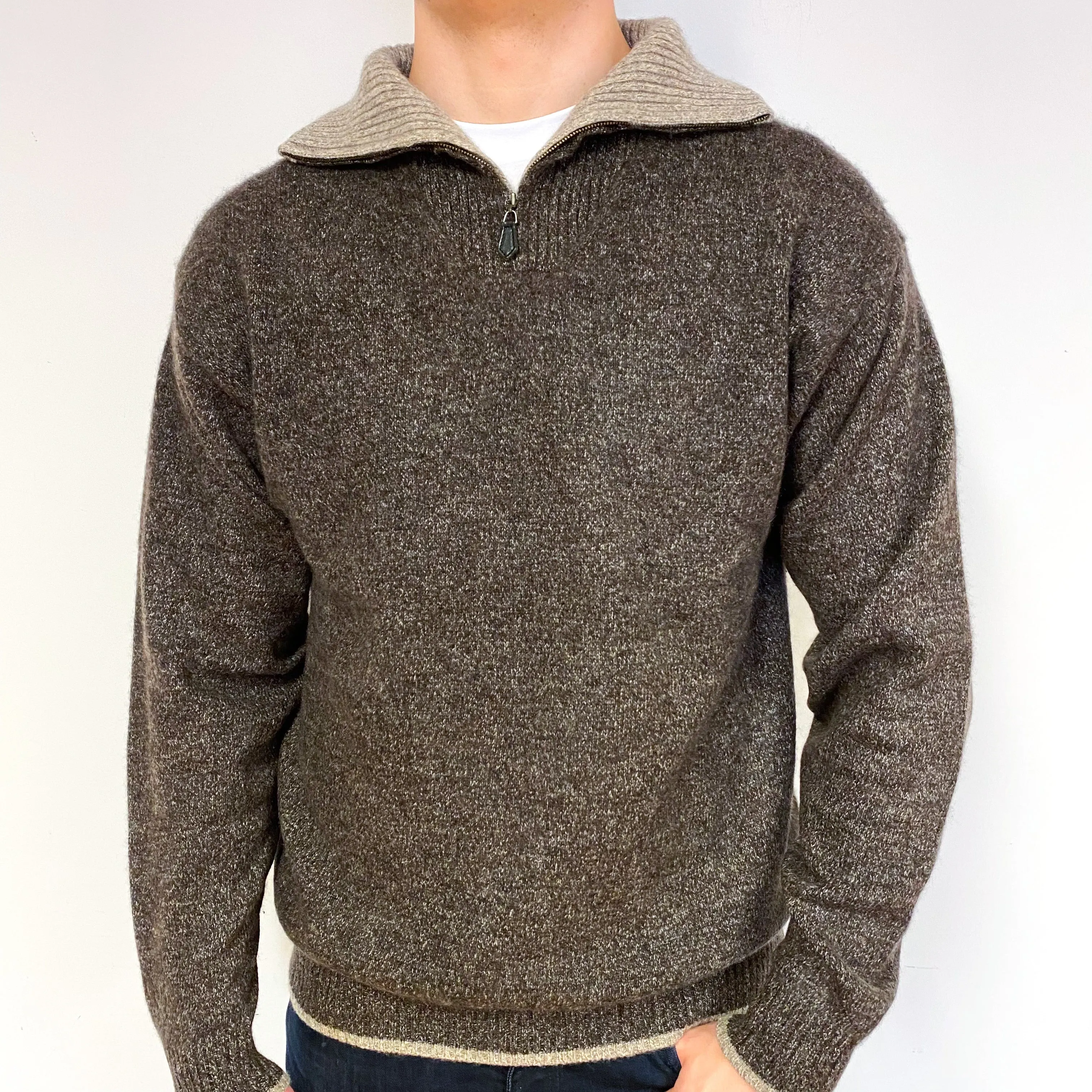 Men's Brown Fawn Marl Cashmere 1/4 Zip Jumper Extra Large