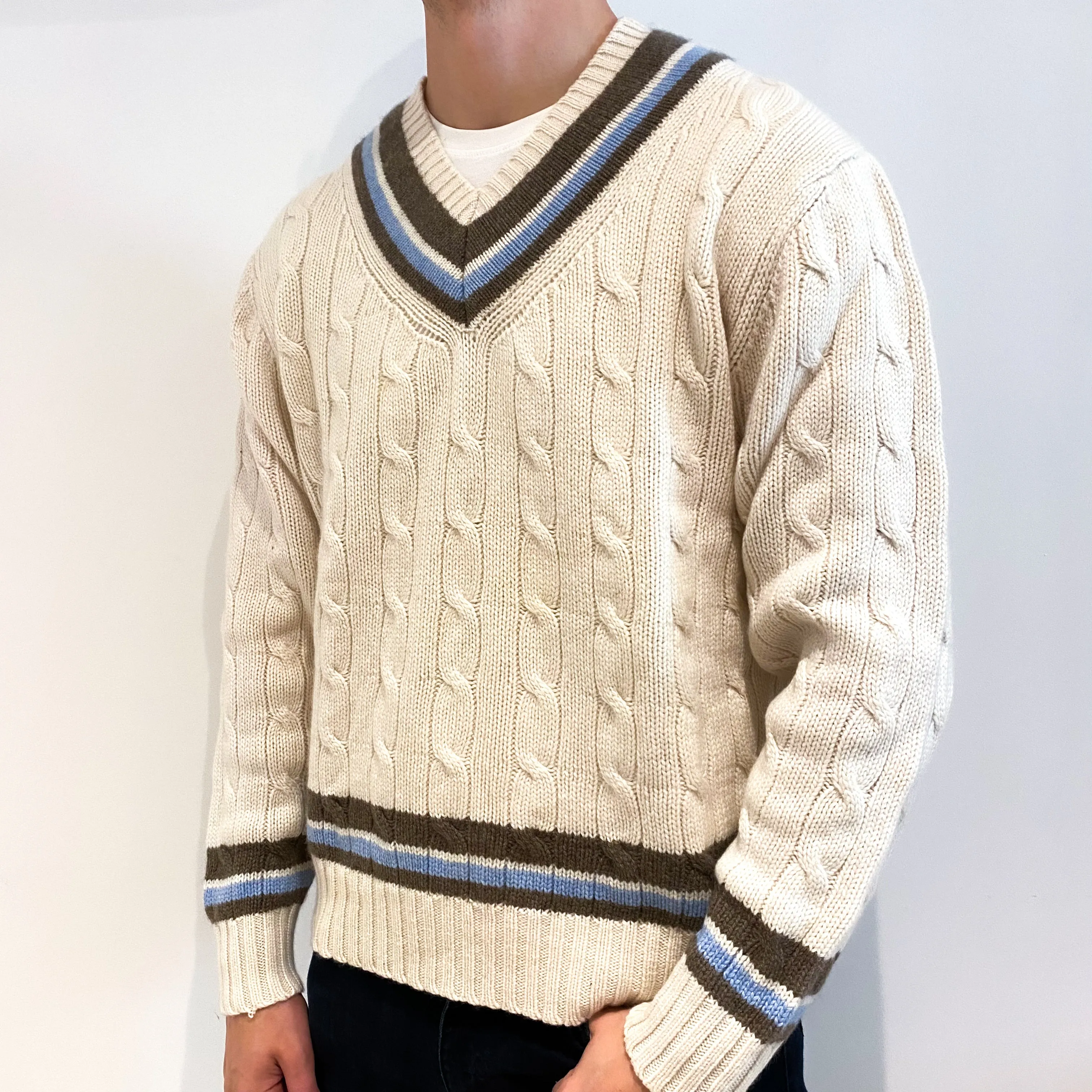 Men's Cream Cashmere Cricket Style Crew Neck Jumper Extra Large