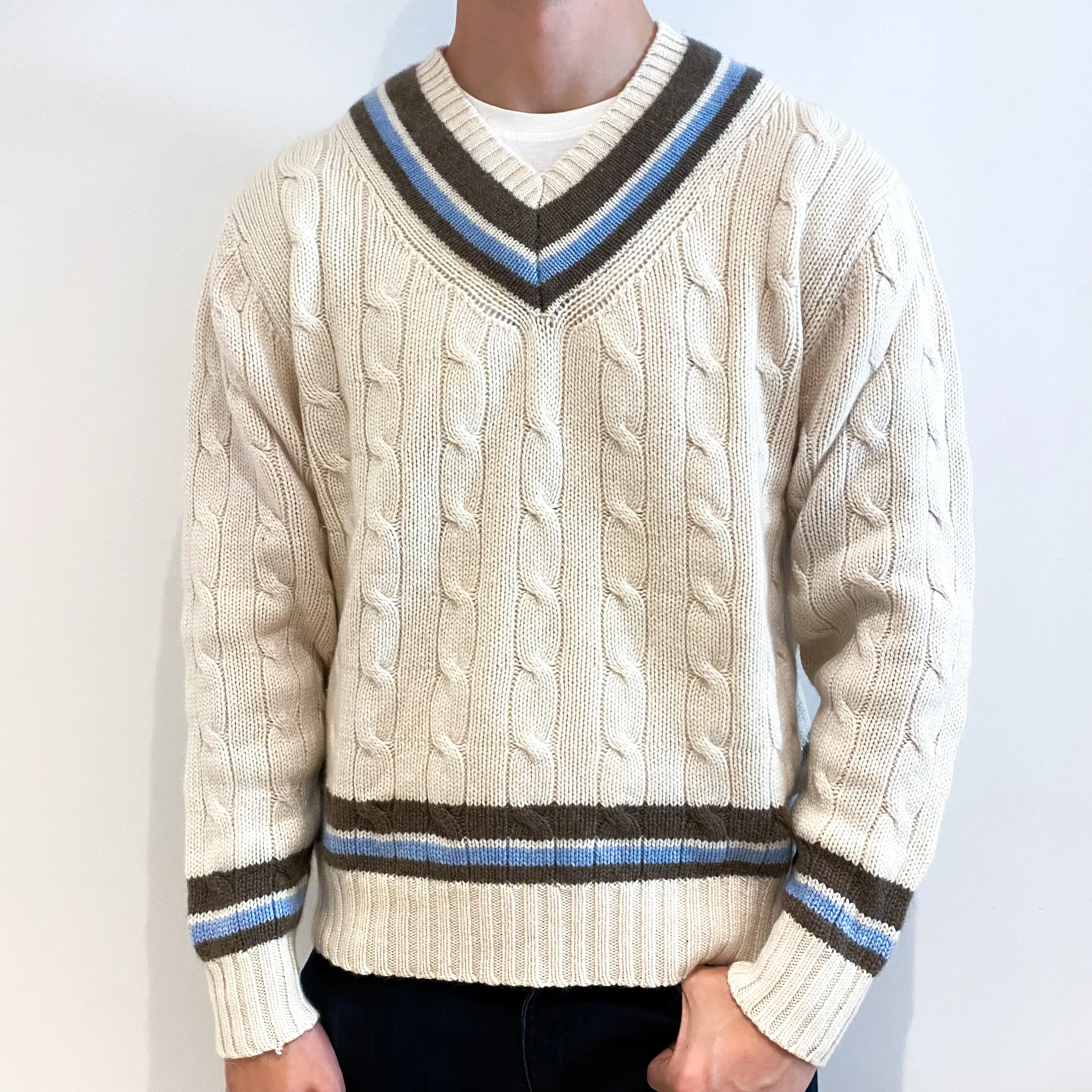 Men's Cream Cashmere Cricket Style Crew Neck Jumper Extra Large