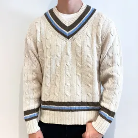 Men's Cream Cashmere Cricket Style Crew Neck Jumper Extra Large