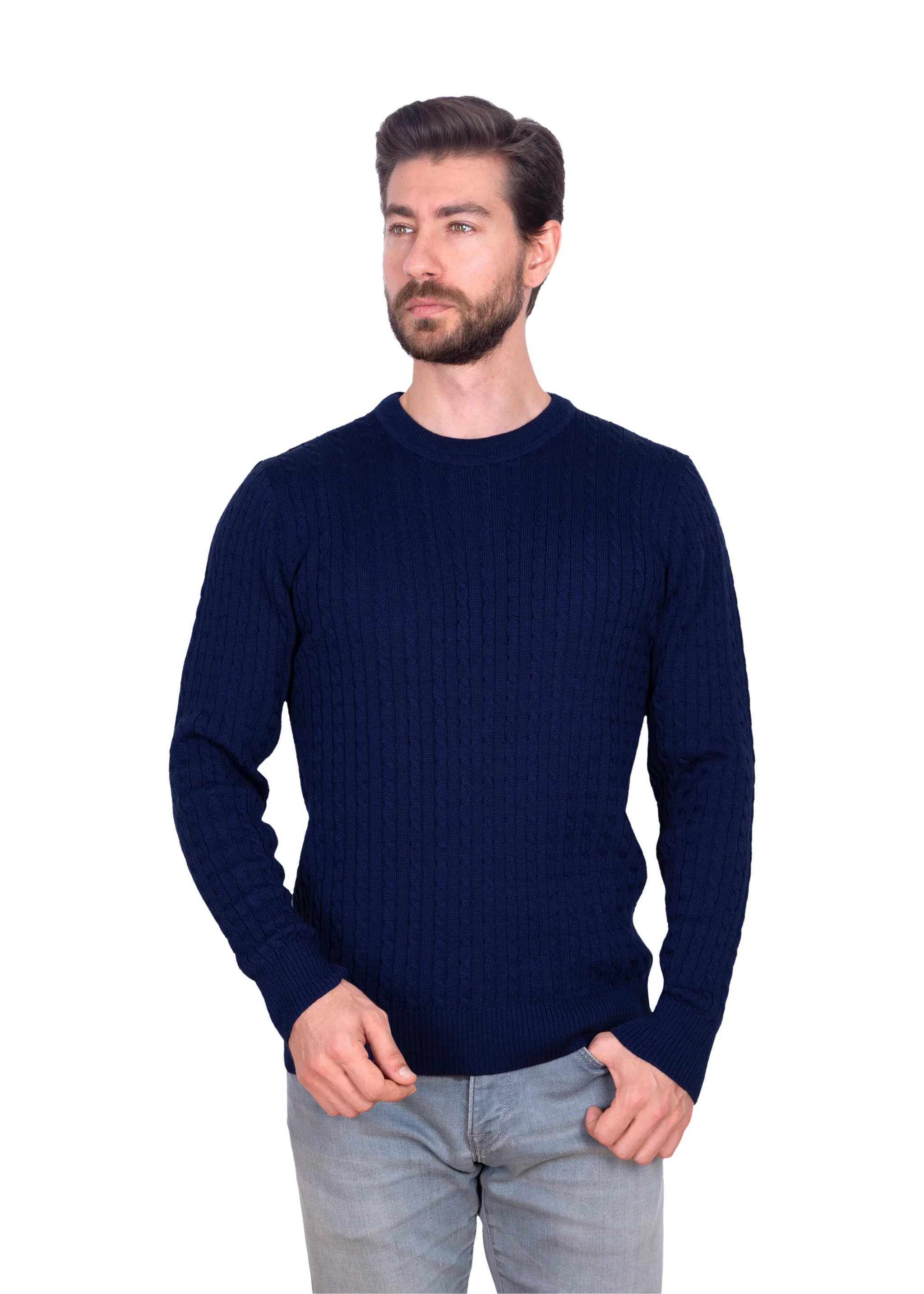 Men's Ink Blue Mildura Wool Cable Knit Crew Neck Jumper
