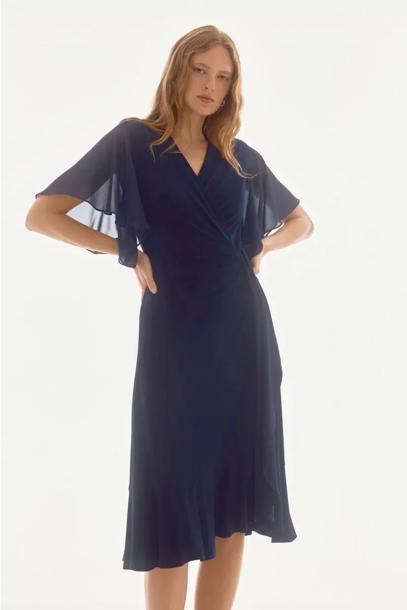 Midnight Blue Silky Knit And Chiffon Flowy Wrap Dress Style 251706