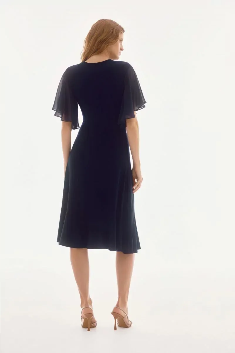 Midnight Blue Silky Knit And Chiffon Flowy Wrap Dress Style 251706
