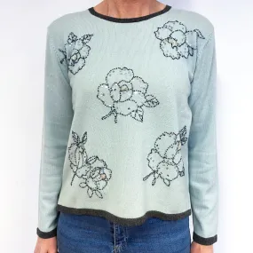 Mint Green Floral Sequinned Cashmere Crew Neck Jumper Medium