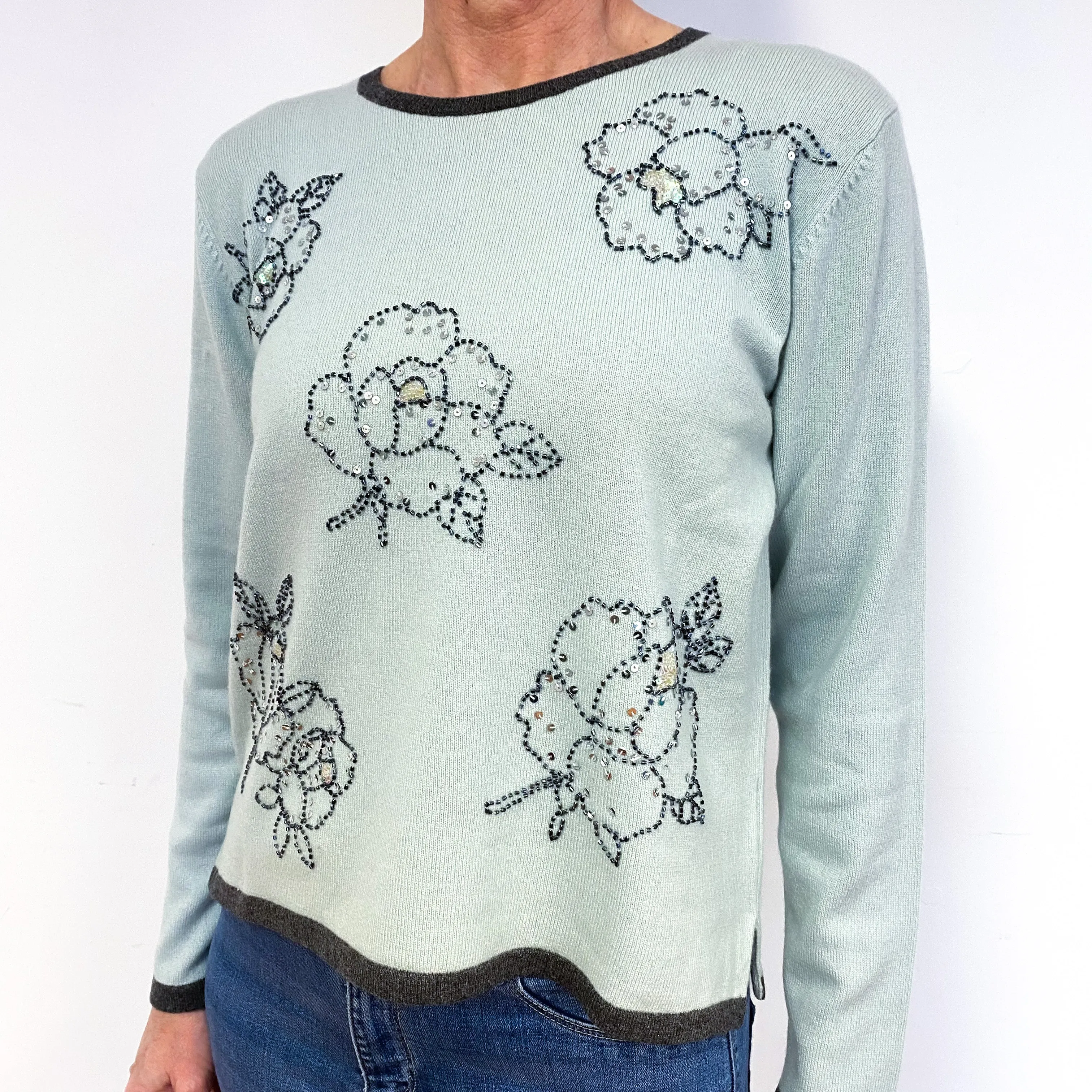 Mint Green Floral Sequinned Cashmere Crew Neck Jumper Medium