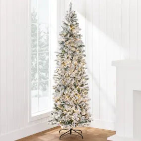modern 6ft Pre-Lit Artificial Snow Flocked Pencil Christmas Tree Holiday Decoration w/ 250 Lights 12' 12'