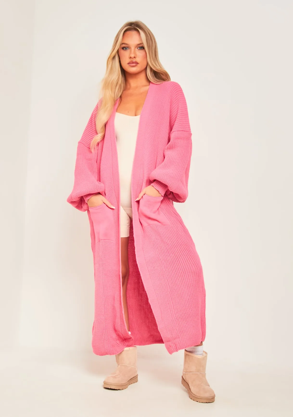 Nathalie Pink Balloon Sleeve Knitted Cardigan