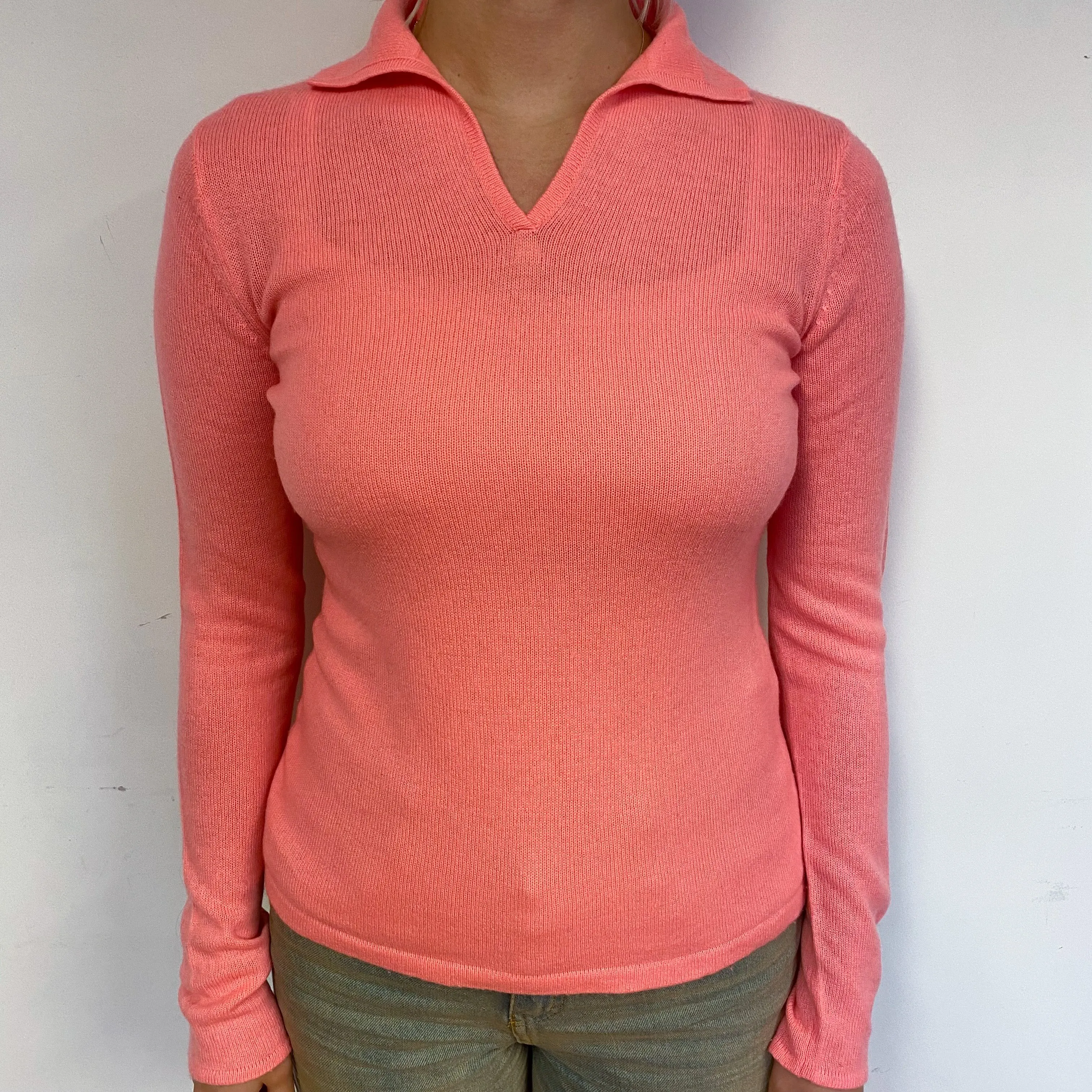 Neon Coral Pink Cashmere Collared V Neck Jumper Small
