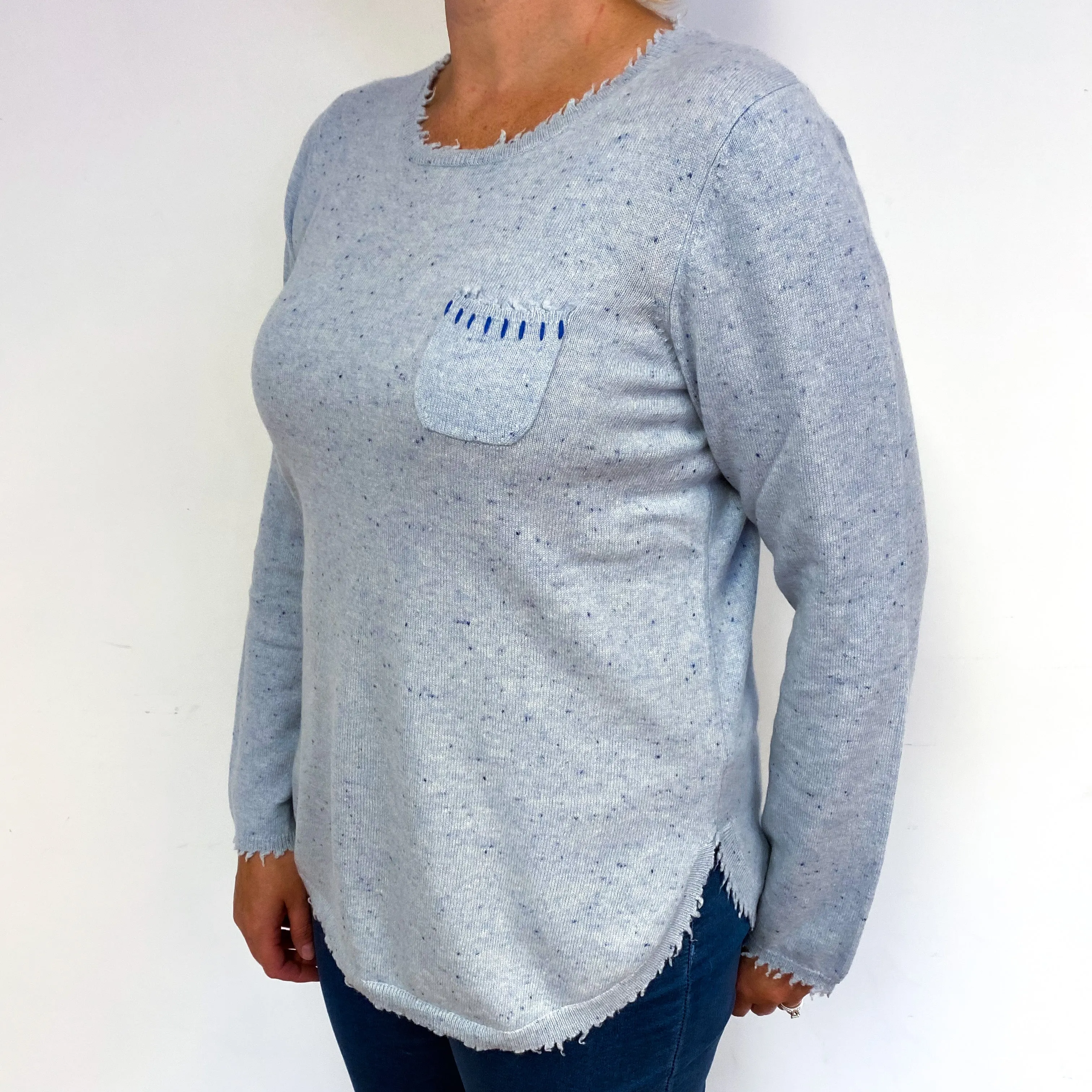 Pale Blue Flecked Cashmere Crew Neck Jumper Large
