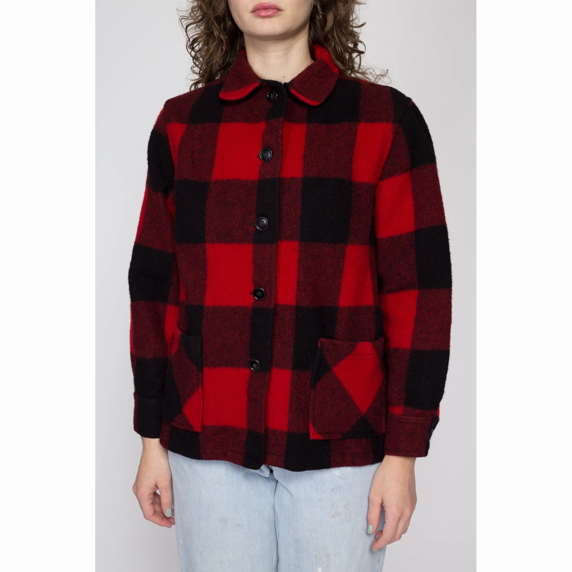 Petite Medium 60s 70s Buffalo Plaid Wool Jacket