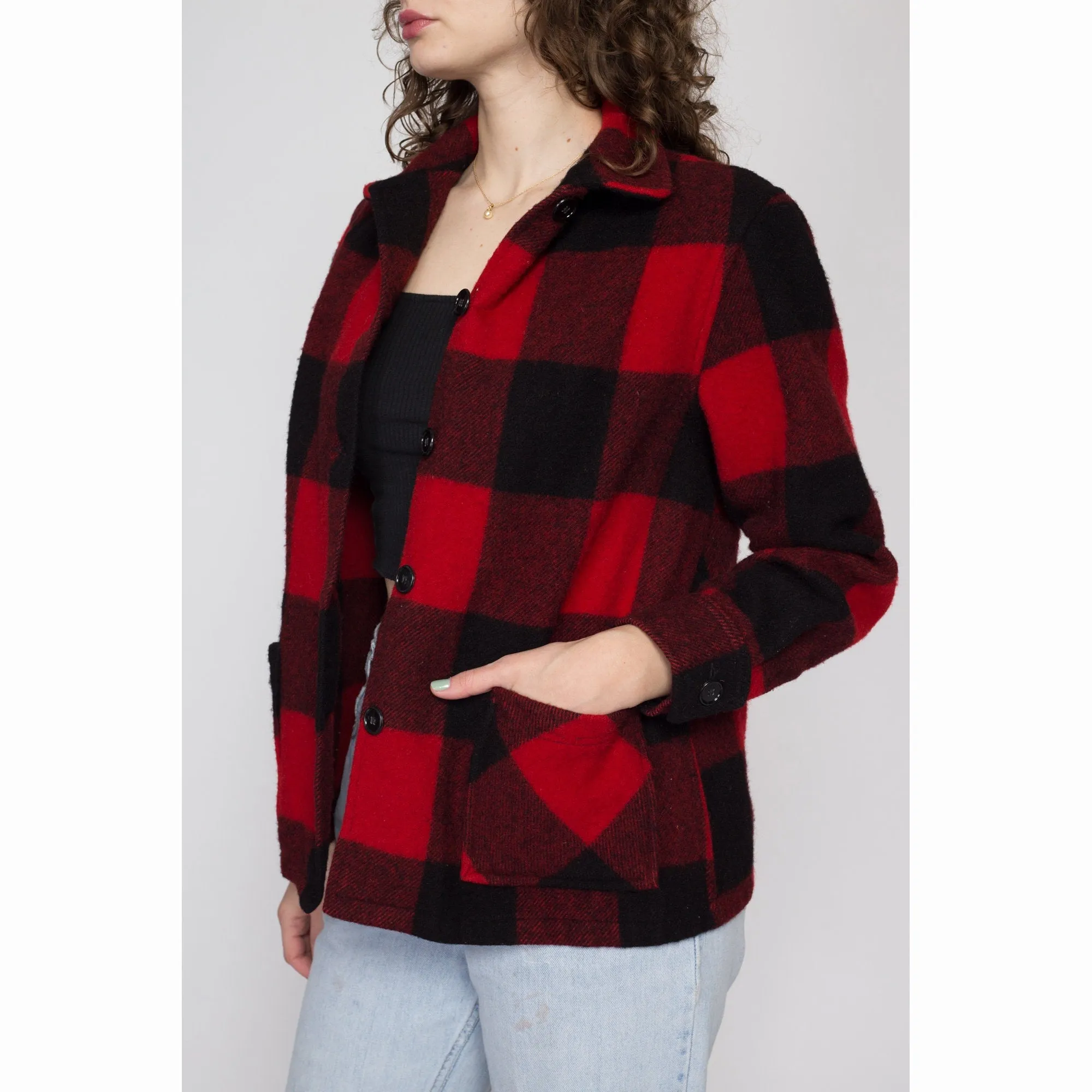 Petite Medium 60s 70s Buffalo Plaid Wool Jacket