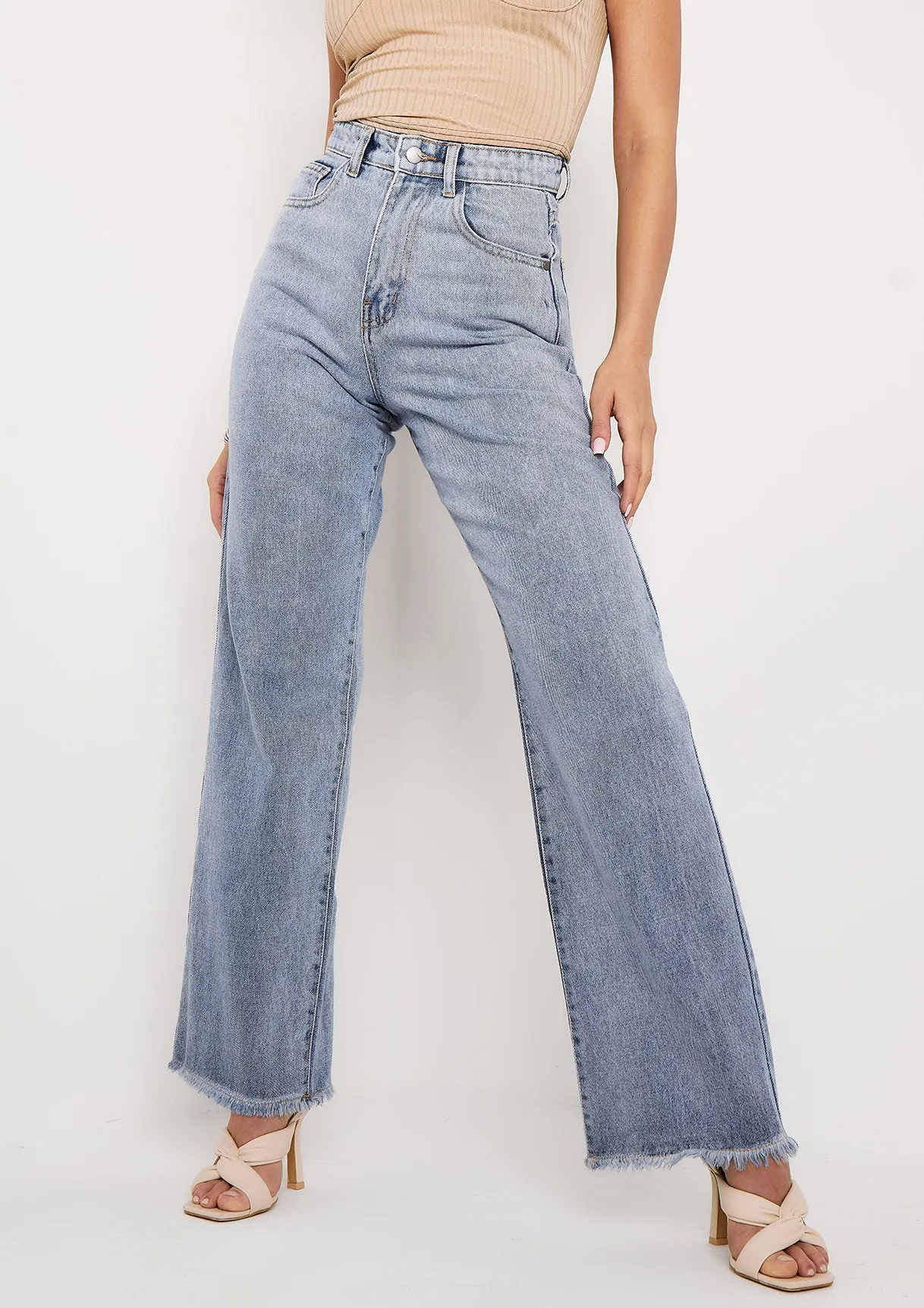 Phoebe Denim Light Wash Frayed Raw Hem Jeans