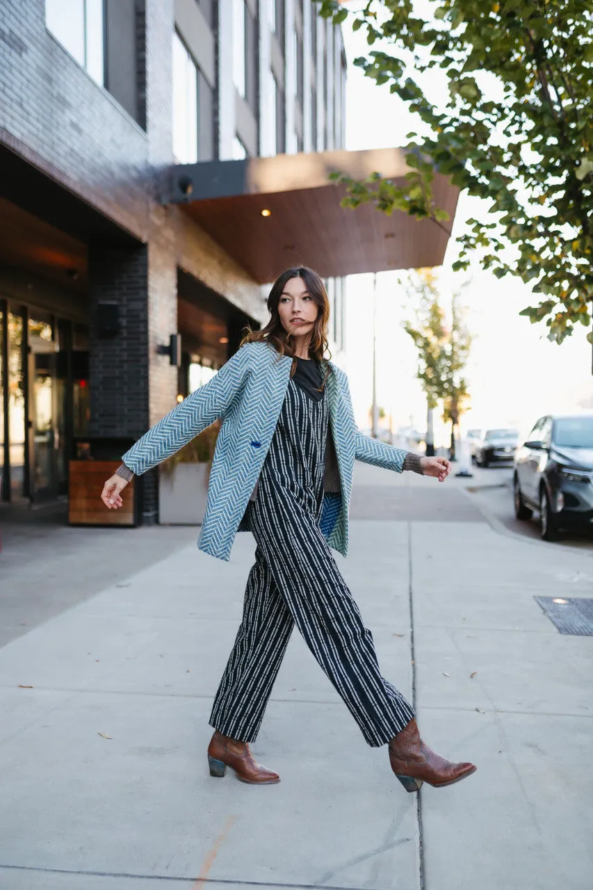 Portuguese Wool Pieper Coat in Cobalt and Cream Herringbone - XL Left