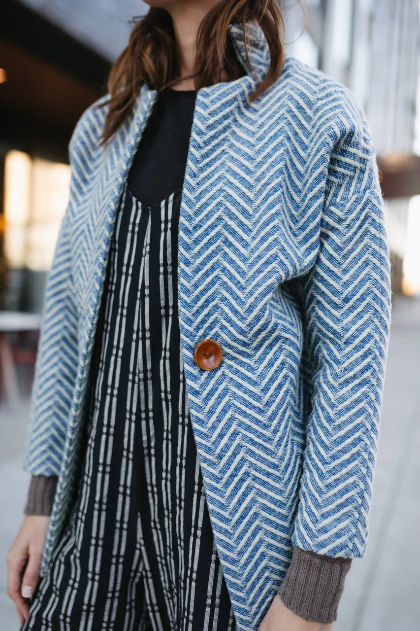 Portuguese Wool Pieper Coat in Cobalt and Cream Herringbone - XL Left