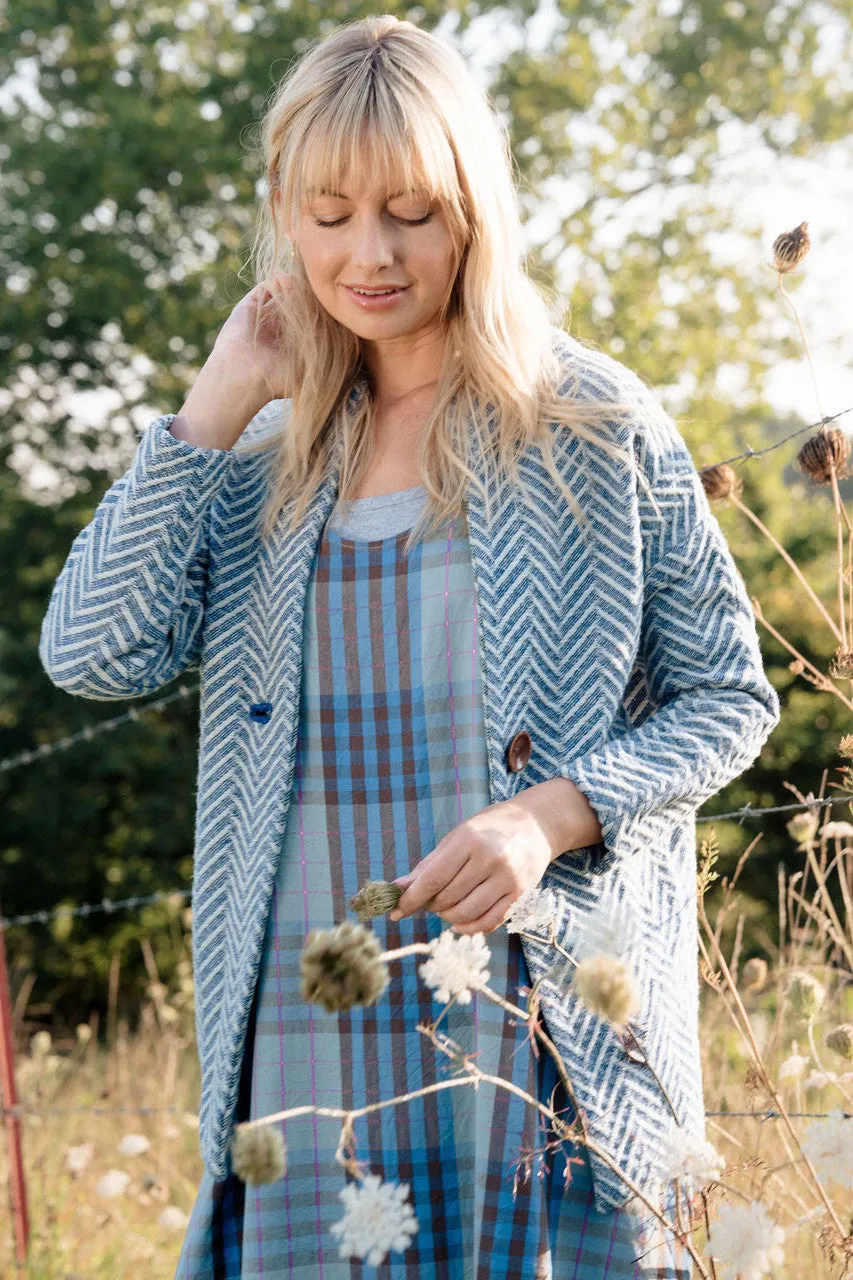 Portuguese Wool Pieper Coat in Cobalt and Cream Herringbone - XL Left