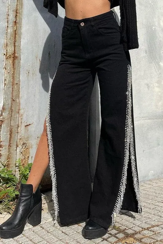 PZ470 Rhinestones Fringes Long Jeans