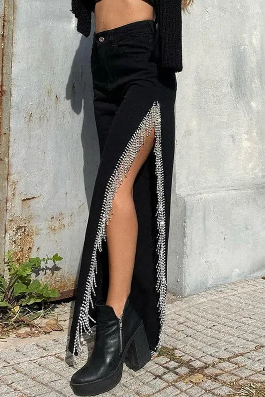 PZ470 Rhinestones Fringes Long Jeans
