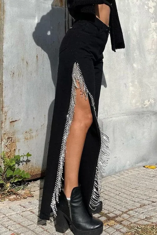PZ470 Rhinestones Fringes Long Jeans