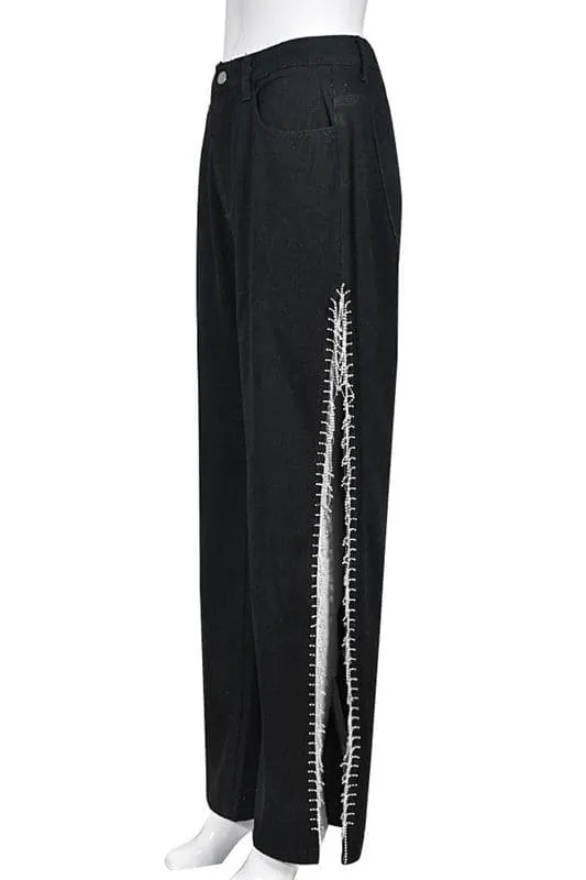 PZ470 Rhinestones Fringes Long Jeans