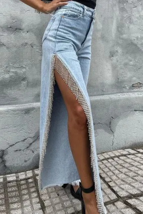 PZ470 Rhinestones Fringes Long Jeans