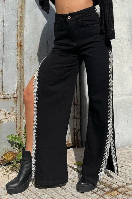 PZ470 Rhinestones Fringes Long Jeans