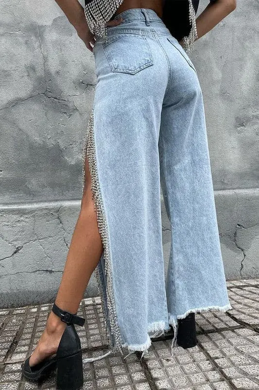 PZ470 Rhinestones Fringes Long Jeans
