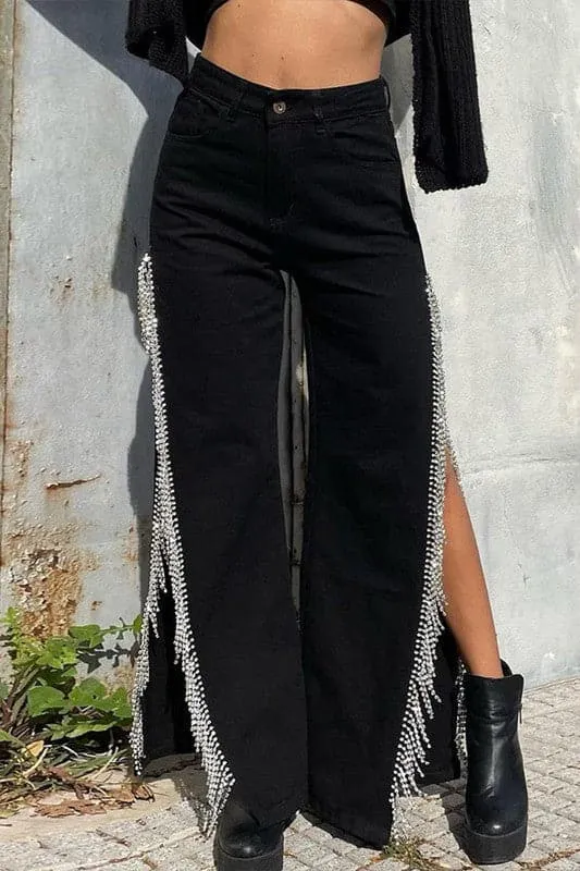 PZ470 Rhinestones Fringes Long Jeans