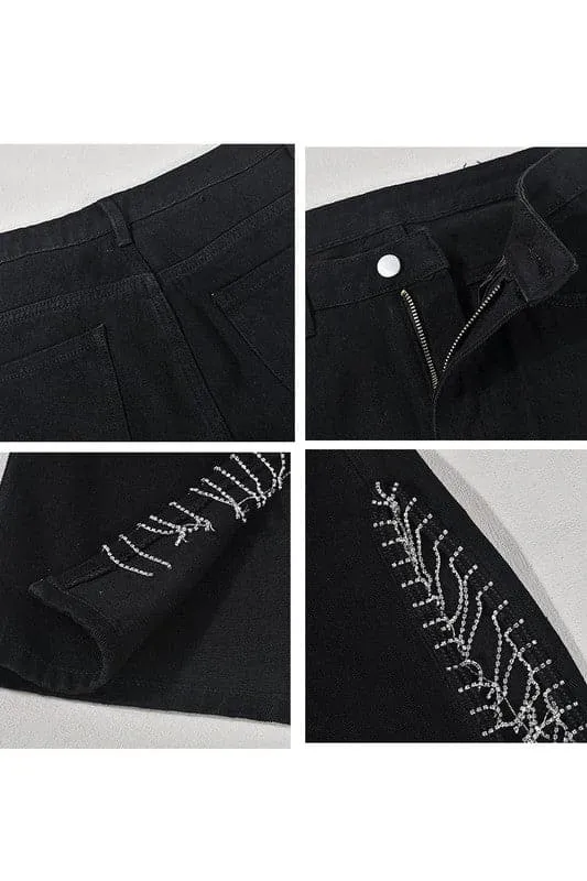 PZ470 Rhinestones Fringes Long Jeans