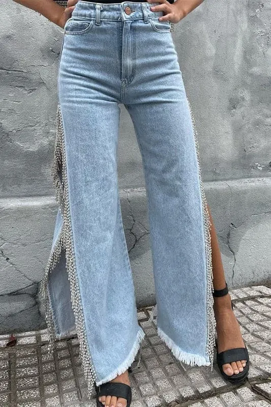 PZ470 Rhinestones Fringes Long Jeans