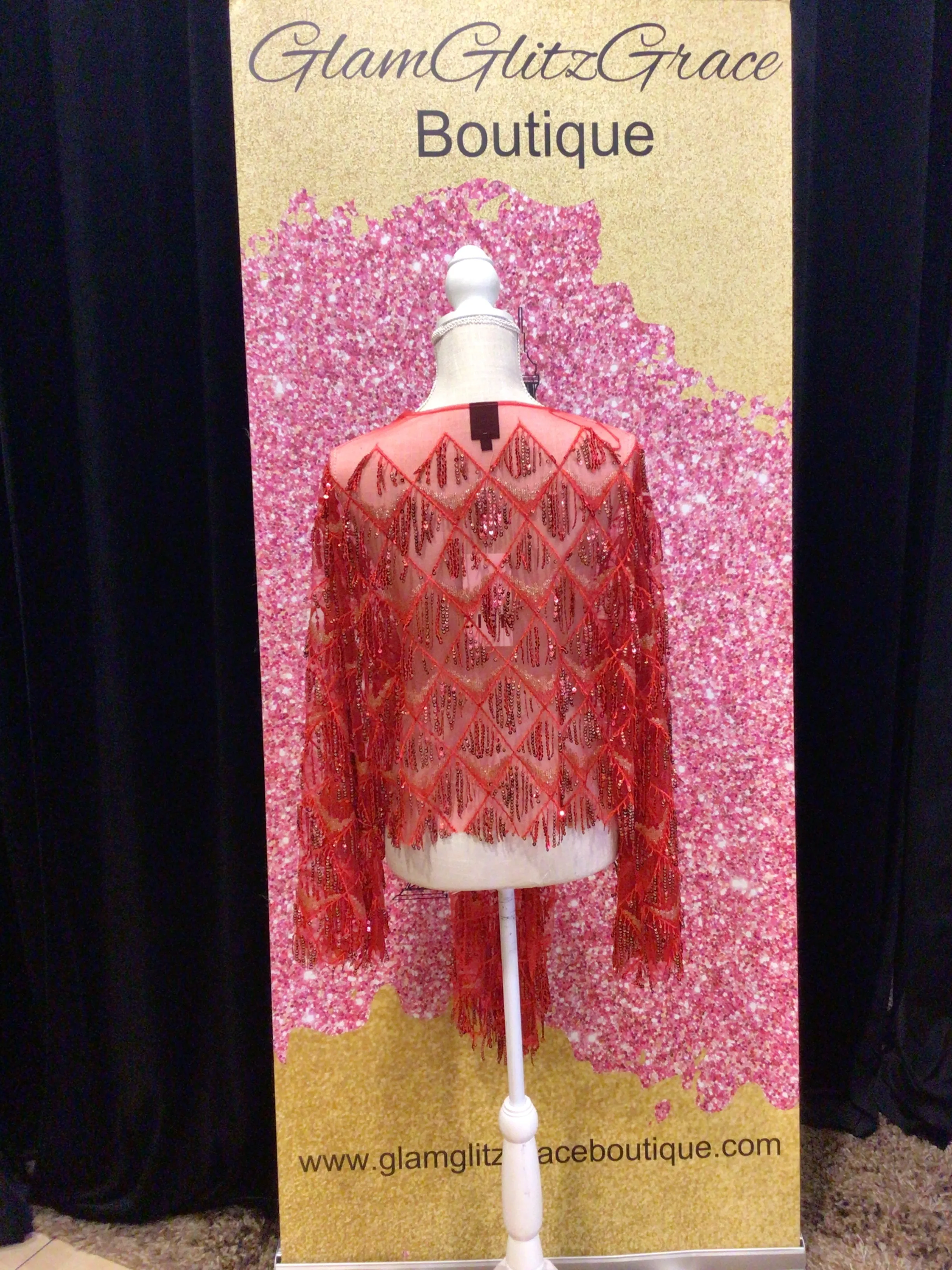 Red Sequin Wrap front Shrug Cardigan