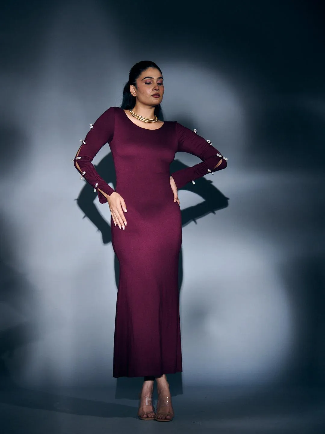 RHINESTONE SLEEVE BOW MAXI DRESS