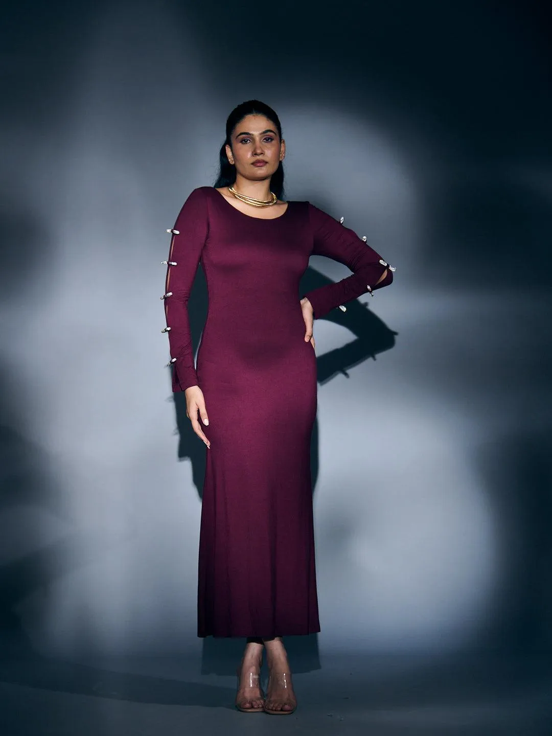 RHINESTONE SLEEVE BOW MAXI DRESS