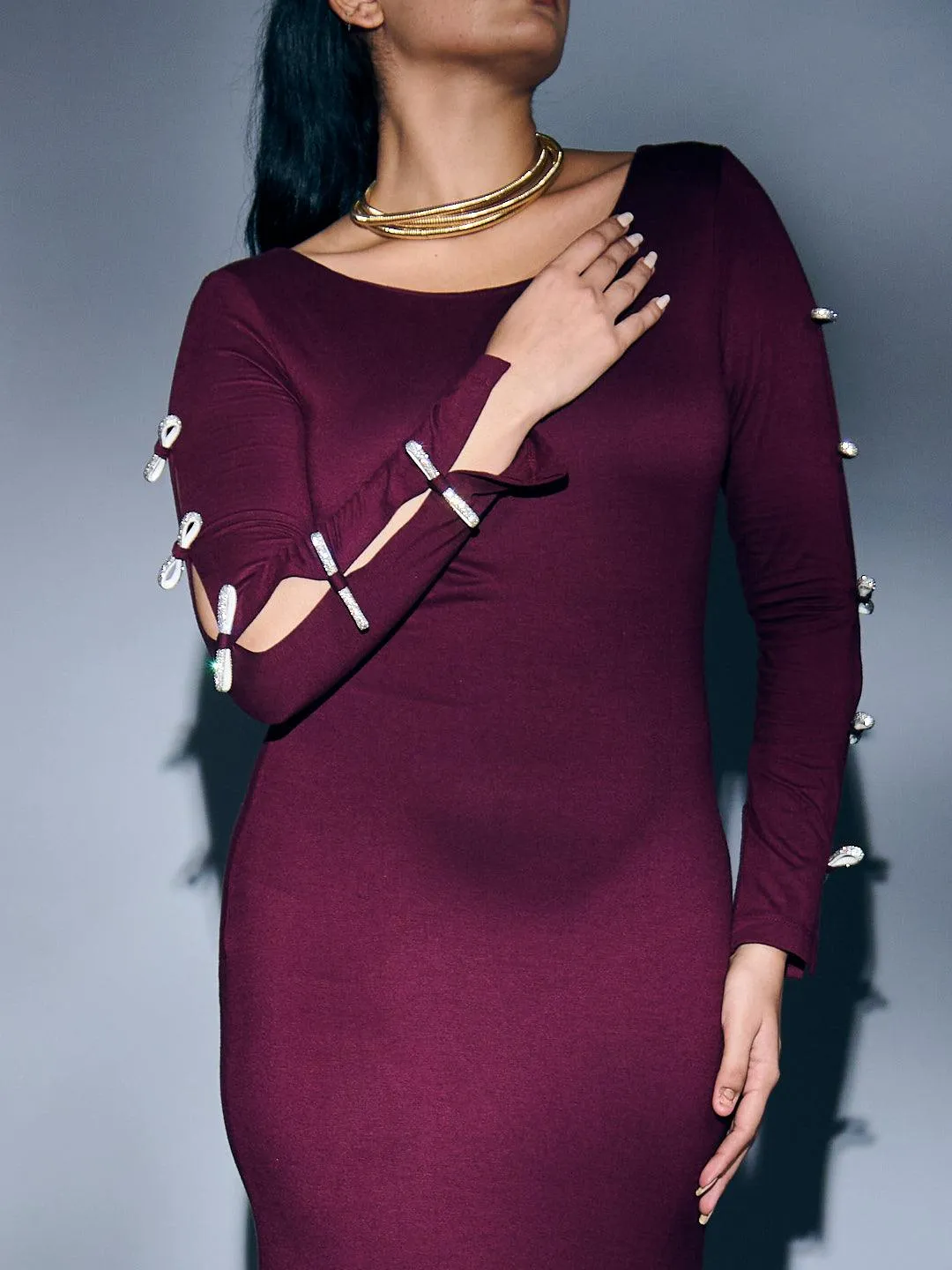 RHINESTONE SLEEVE BOW MAXI DRESS