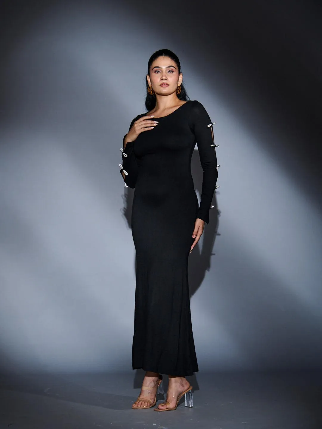 RHINESTONE SLEEVE BOW MAXI DRESS