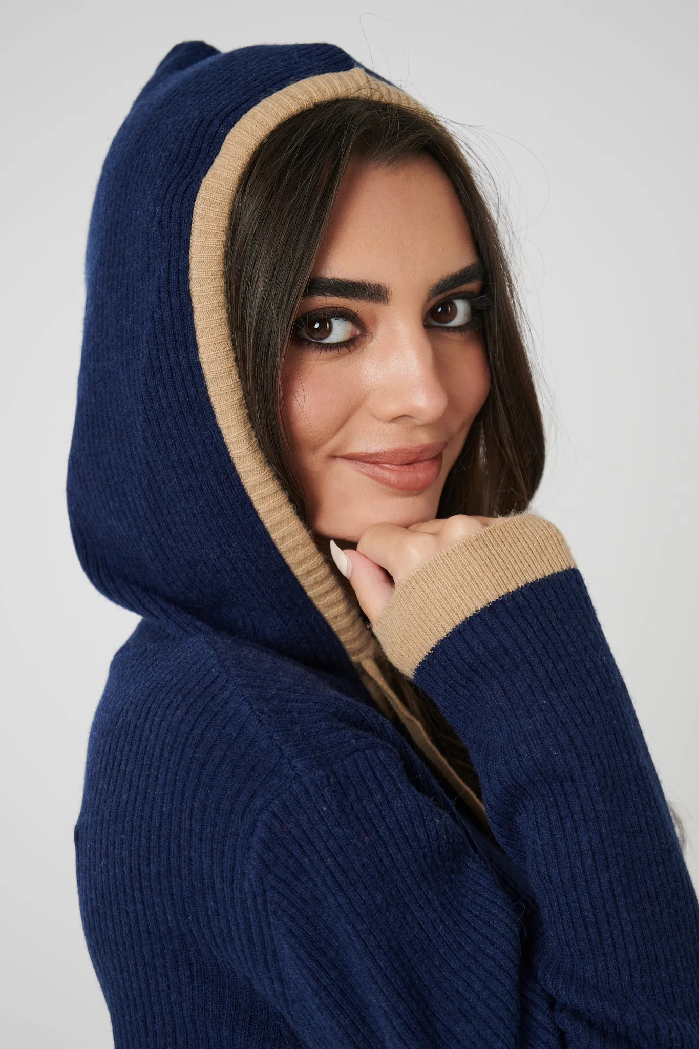 Rib Trim Cashmere Hoodie - Navy / Camel