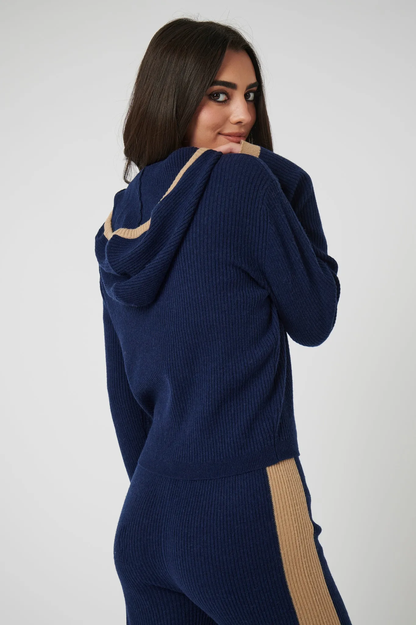 Rib Trim Cashmere Hoodie - Navy / Camel