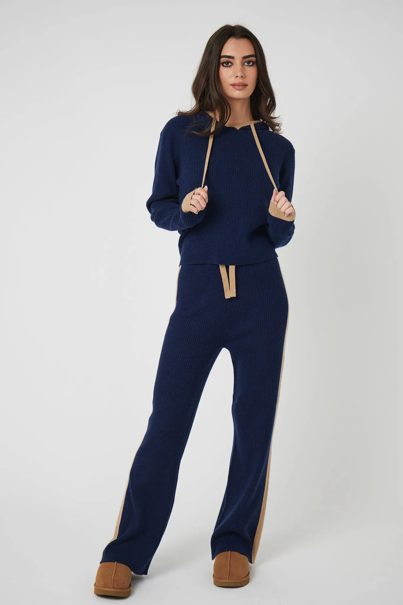 Rib Trim Cashmere Hoodie - Navy / Camel