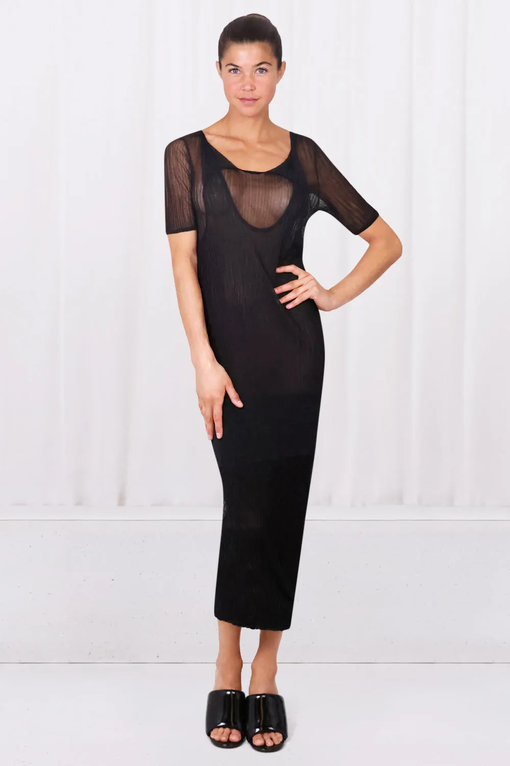 SHEER RIB KNIT DRESS | BLACK